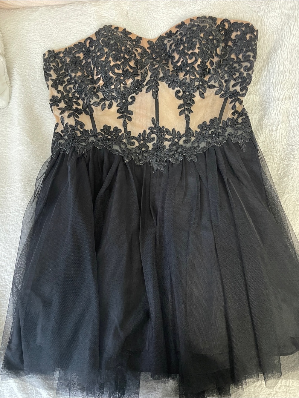 Strapless Black & Nude Lace Appliqué Prom Dress